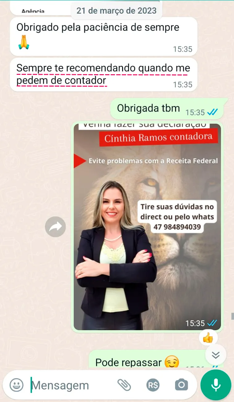 Conversa de WhatsApp em que uma cliente agradece as indicações e confirma que voltará a declarar no ano seguinte.