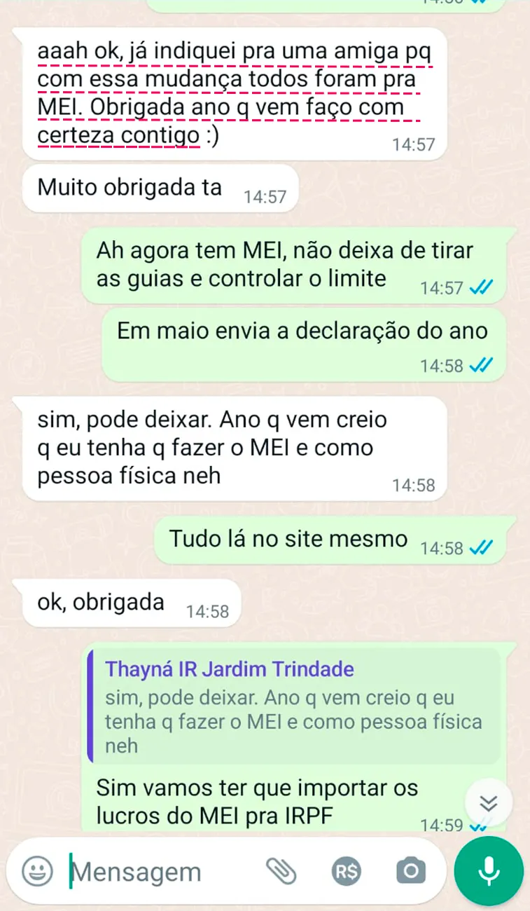 Conversa de WhatsApp em que um cliente agradece pela competência e confirma o envio da declaração.